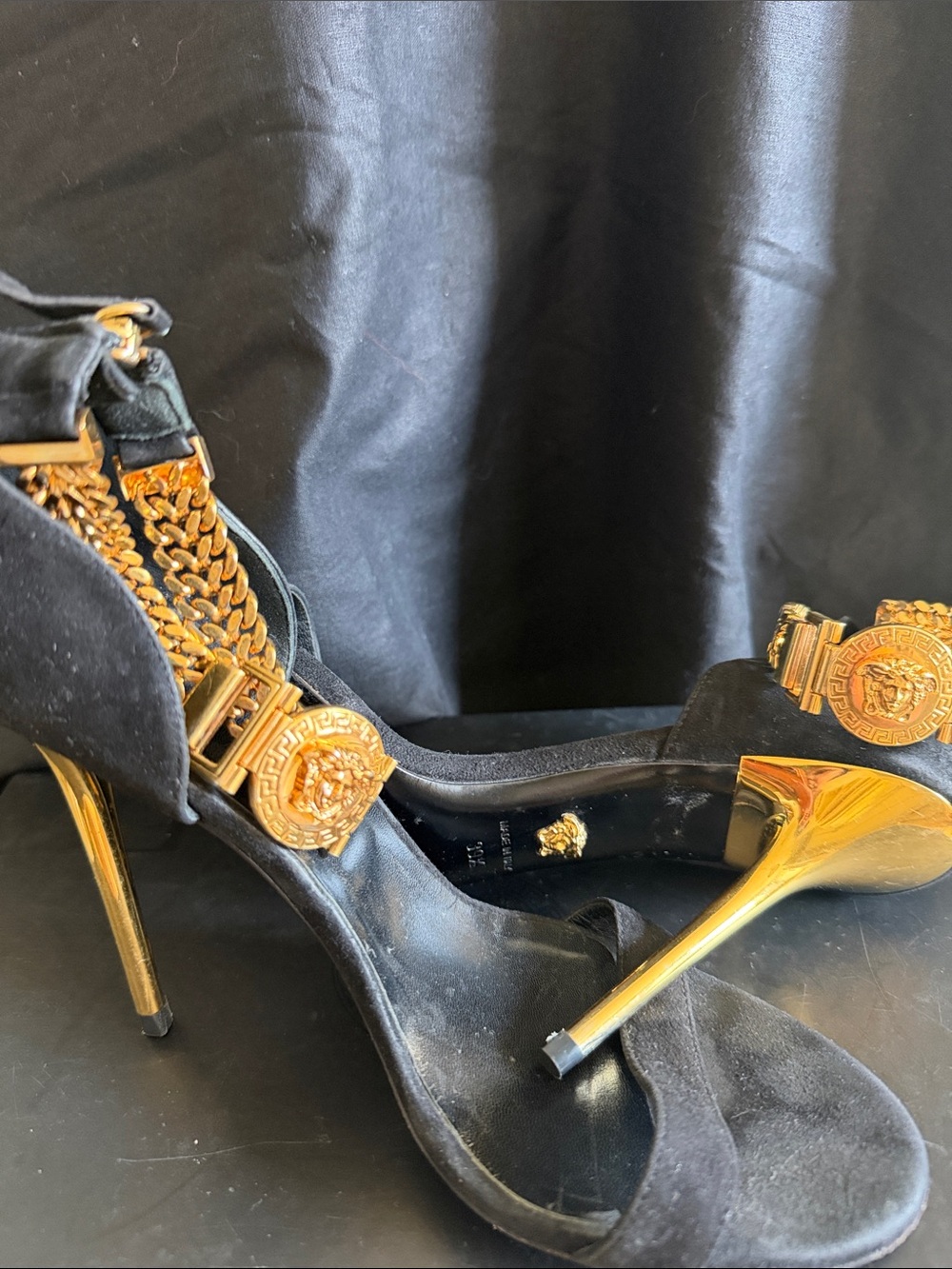 Versace Black Suede Heels with Gold Medallion & Chain Detail